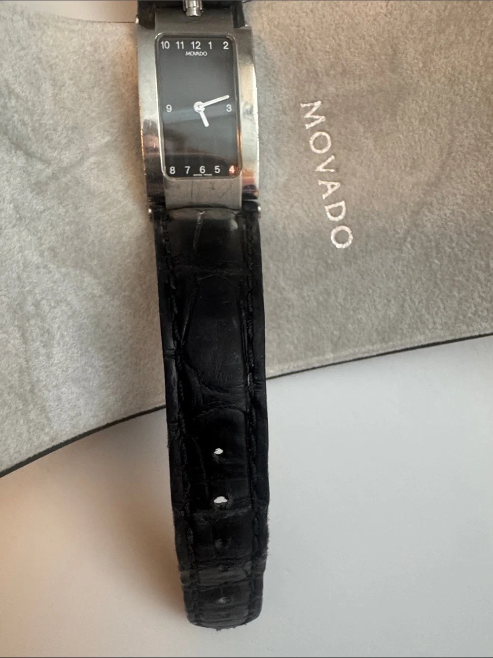 Movado Watch Ladies Stainless Steel Rectangle Elliptical Black Strap Box Papers